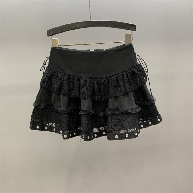 Lace spliced ​​cake skirt for women 2025 summer new design strap zipper a line puff short skirt