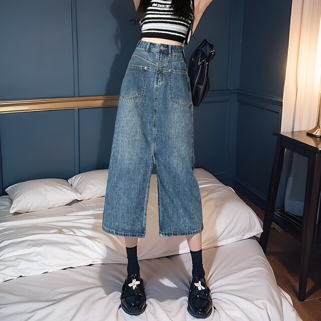 Internet celebrity niche pocket high waist denim slit skirt for women casual meat covering a character mid-length retro hip wrap skirt for women

