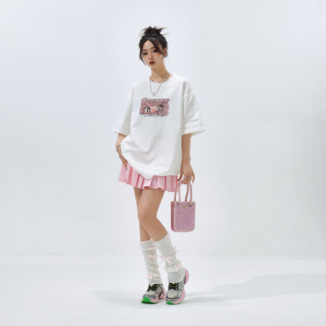 YEP white cartoon printed short-sleeved T-shirt for women in 2025 summer new trendy couple outfit loose round neck top