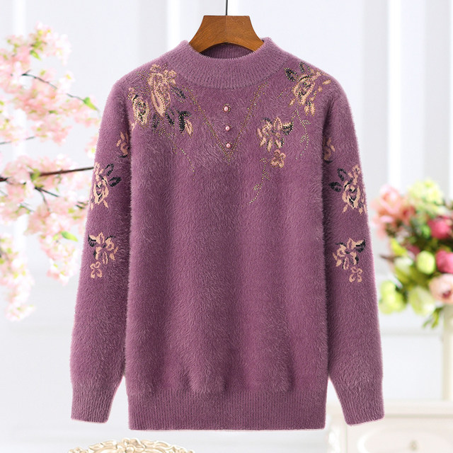 Mom wears half turtleneck imitation mink flower winter sweater middle-aged and elderly women's loose pullover knitted base shirt