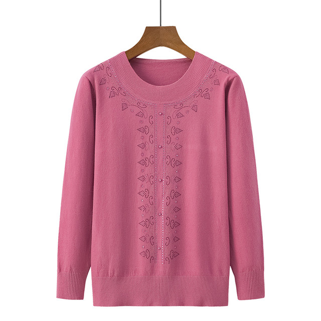 Mom's autumn new solid color large size knitted top middle-aged and elderly women's fashionable round neck diamond-set sweater
