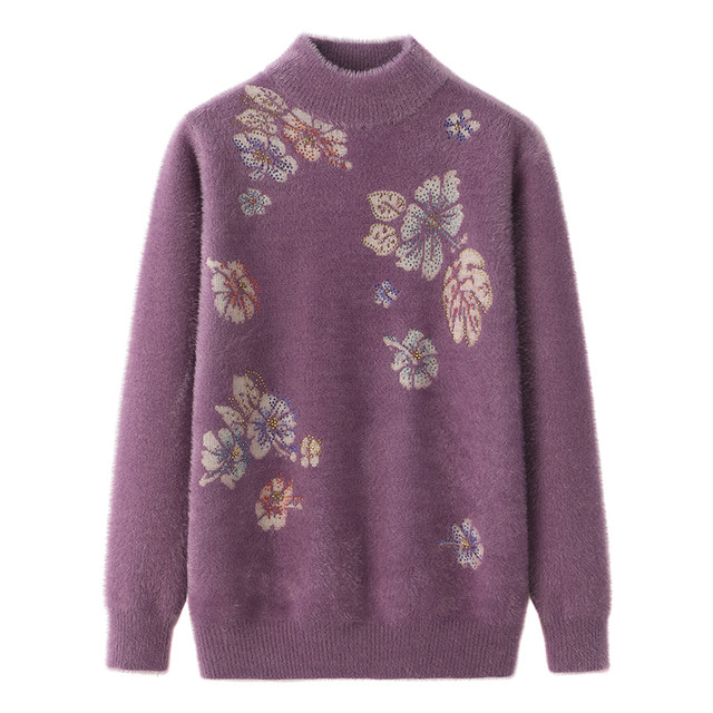 Middle-aged and elderly people's winter imitation mink plush sweater mother wears half turtleneck thickened sweater grandma pullover base shirt