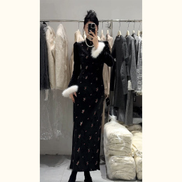 New Chinese style national style womens wear this year popular beautiful black improved cheongsam dress 2024 new early spring