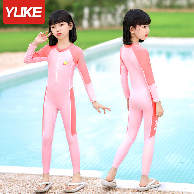 Children's swimsuits girls one-piece long-sleeved sun protection quick-drying swimsuit 2025 new mid-to-large children's training swimsuits
