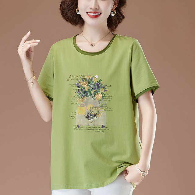 Loose plus fat plus size white T-shirt for women pure cotton short-sleeved middle-aged and elderly mother summer lady embroidered top