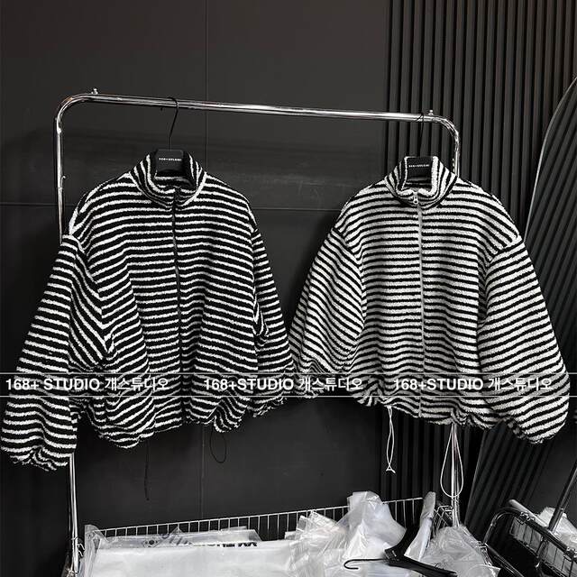 Stand-collar cardigan striped lamb velvet jacket loose and slim mid-length 2025 winter new top ins trendy