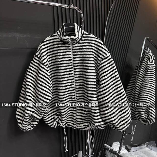 Stand-collar cardigan striped lamb velvet jacket loose and slim mid-length 2025 winter new top ins trendy