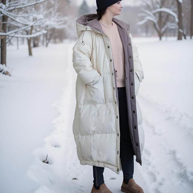 All-match cotton and casual minimalist style 95 white goose-velvet hooded down jacket White long large-size drawstring jacket