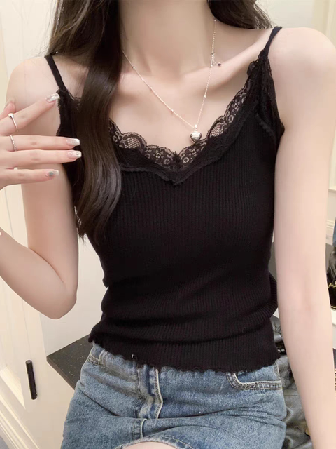 Large size fat girl French lace knitted suspender vest for women in summer new slim fit slim inner sleeveless top