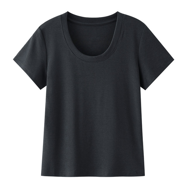 Thread of threaded round neck short -sleeved T -shirts female summer large size fat MM200jin [jin is equal to 0.5 kg] loose and thin U -collar shoulder body shirt
