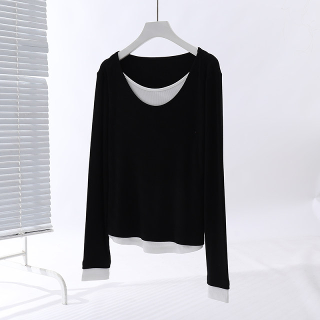 Single original large size women's black V -neck long sleeve t -shirt women's autumn loose and thin inside with two bottom shirts
