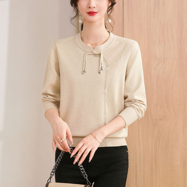 Mom's new autumn clothes, Chinese-style button knitted tops, middle-aged women's style sweaters, middle-aged and elderly autumn and winter bottoming shirts
