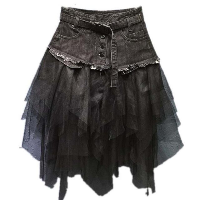 European Station 2025 summer new fashion mesh splicing high waist washing to make you look slim and versatile denim skirt skirt for women