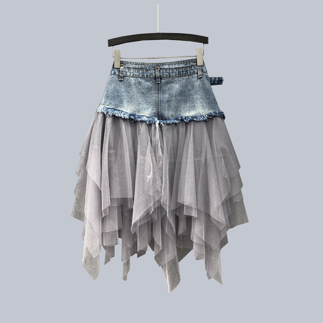 European Station 2025 summer new fashion mesh splicing high waist washing to make you look slim and versatile denim skirt skirt for women