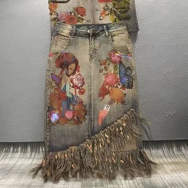 European station new European products hot spring pattern print irregular denim skirt women's tassel hip-pack skirt