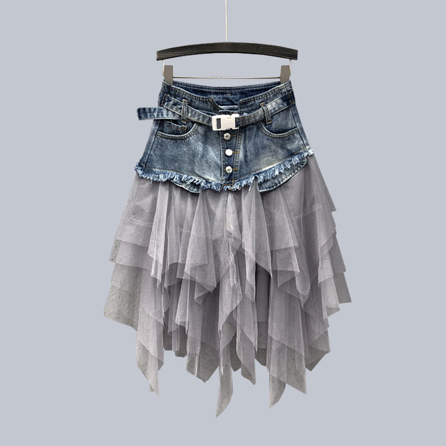 European Station 2025 summer new fashion mesh splicing high waist washing to make you look slim and versatile denim skirt skirt for women