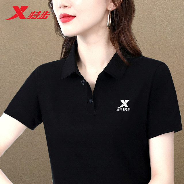 Xtep polo shirt for women summer lapel sportswear top t2025 summer half-sleeved white loose short-sleeved T-shirt for women