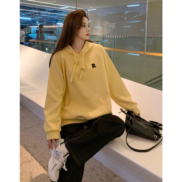 Large size women's hooded sweatshirt for women 2025 new spring and autumn bright yellow ins trendy loose slimming jacket top