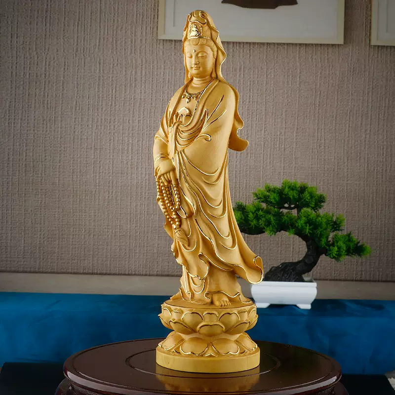 小叶黄杨木雕刻工艺品实木人物贴金观音菩萨摆件居家风水佛像供奉 首相官邸 古玩黄楊木彫伯牙扶琴人物像置物 雑貨