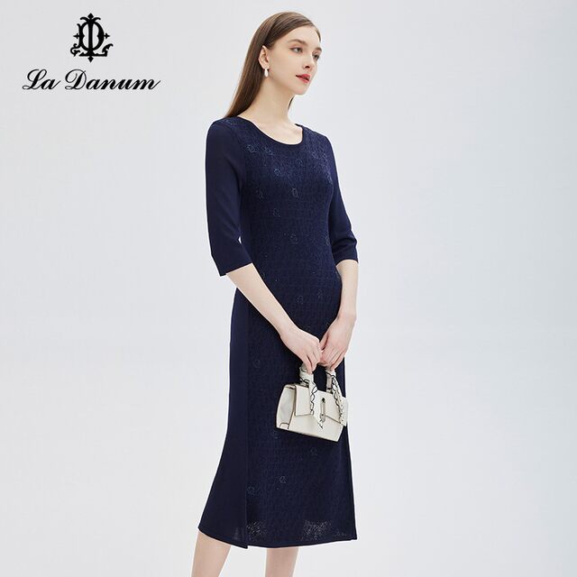 Aidana spring and summer new Tibetan blue round collar hot drill dress waist seven -point sleeve A -line skirt temperament fashion