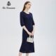 Aidana spring and summer new Tibetan blue round collar hot drill dress waist seven -point sleeve A -line skirt temperament fashion