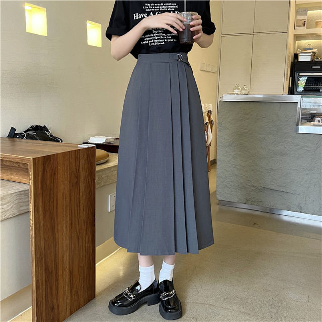 College style gray suit pocket pleated skirt mid-length large size high waist slim design casual and versatile long skirt