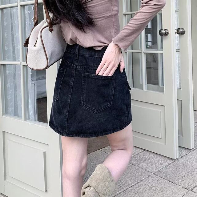 Retro design sense high waist slit denim skirt for women with autumn and winter large size fat mm slim A-line hip short skirt pants
