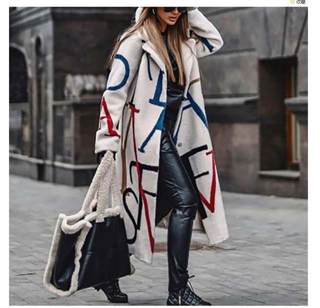 New autumn large-size women's clothing European and American style casual loose slim printed windbreaker lapel woolen coat coat
