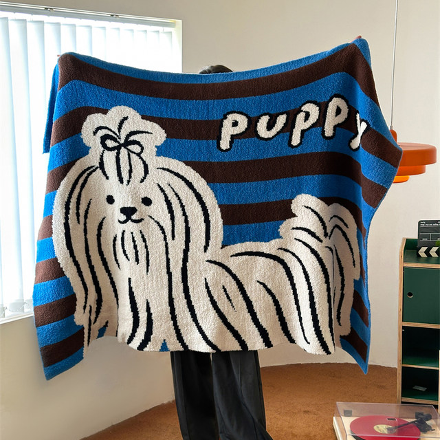 American blue striped puppy multifunctional knitted half-side blanket blanket lunch blanket cover blanket thickened blanket bedroom