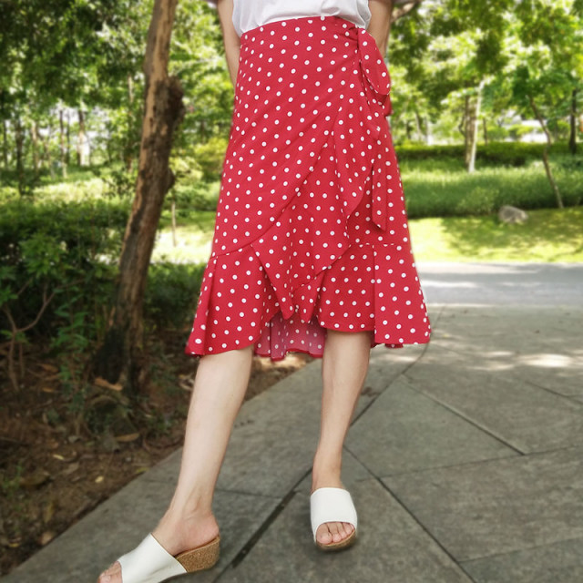 Polka dot skirt summer women's spots 2024 new one-piece lace-up wrap skirt mid-length black and white dot fish tail skirt