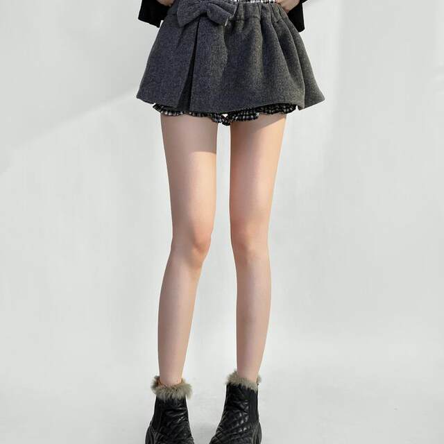 Bow tied woolen skirt for women 2024 winter new thickened high waist slimming A-line skirt versatile short skirt