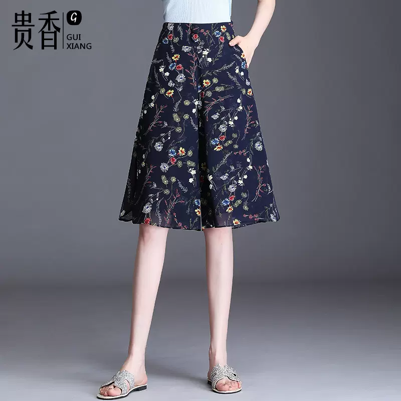 五分裤女宽松短裤夏薄花色雪纺阔腿裤高腰