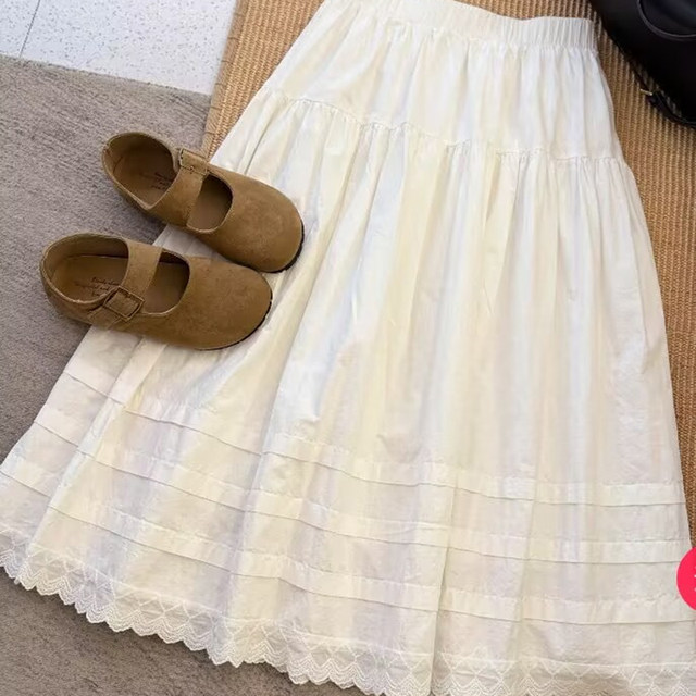 Korean sweet white lace spliced ​​skirt for women 2025 summer new high-waist slim mid-length cake skirt
