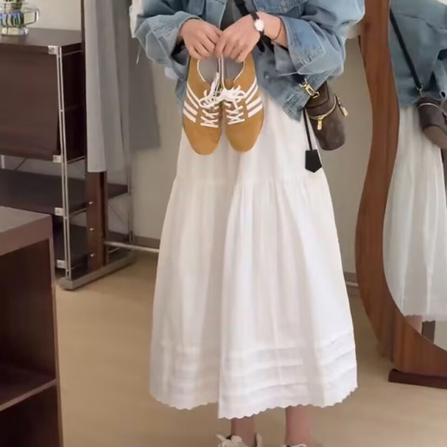 Korean sweet white lace spliced ​​skirt for women 2025 summer new high-waist slim mid-length cake skirt
