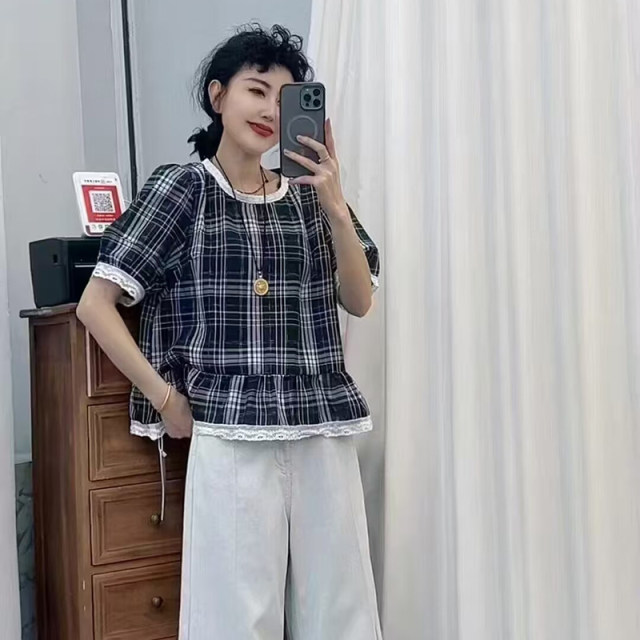 Korean style fashionable lace plaid short-sleeved shirt for women 2025 summer new versatile slim and small top
