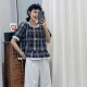 Korean style fashionable lace plaid short-sleeved shirt for women 2025 summer new versatile slim and small top
