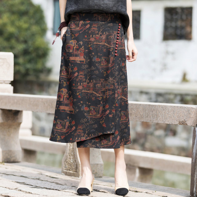 Real silk incense clouds, long skirts, ladies bag hip A -line 100%silk commuting, old slim pocket printed skirt
