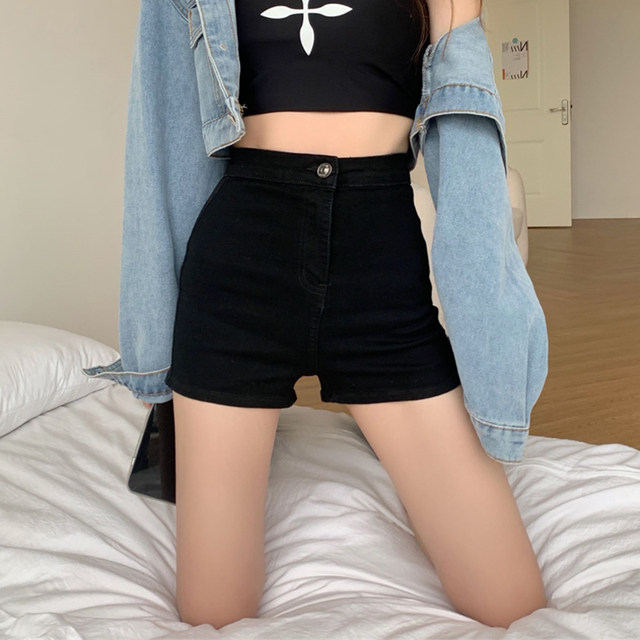 Large size black denim shorts for women in summer thin section for fat girls mm design high waist slim stretch a line hot pants