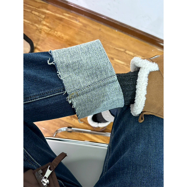 Curled straight jeans for women 2025 autumn and winter for fat girls mm high-waisted slim wide-leg pants for pear-shaped body trendy pants