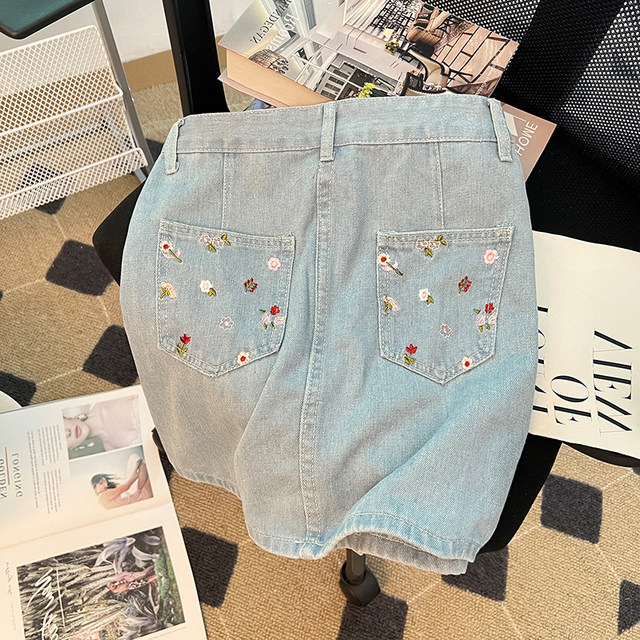 Light color floral denim short skirt for women in summer fat girl mm high waist slim A-line skirt Japanese style outfit