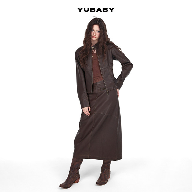 Xiaoyu's old-fashioned brown scrubbing leather retro bronze decorative leather mid-waist long skirt versatile in autumn and winter