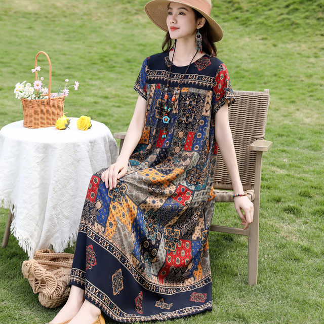 New summer pure cotton silk dress mother's temperament loose casual and fashionable middle-aged and elderly women's skirt