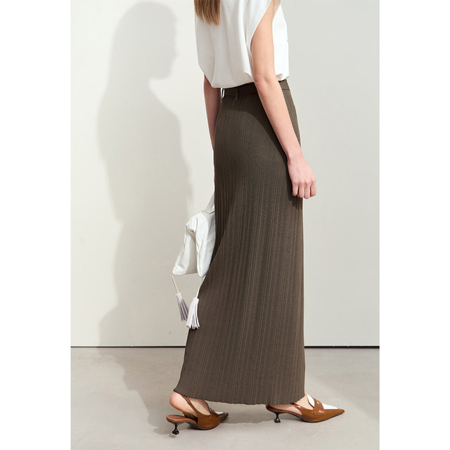 AMII2024 autumn new elegant commuting with waist band double -song yarn pits striped knitted skirt skirt women's long skirt
