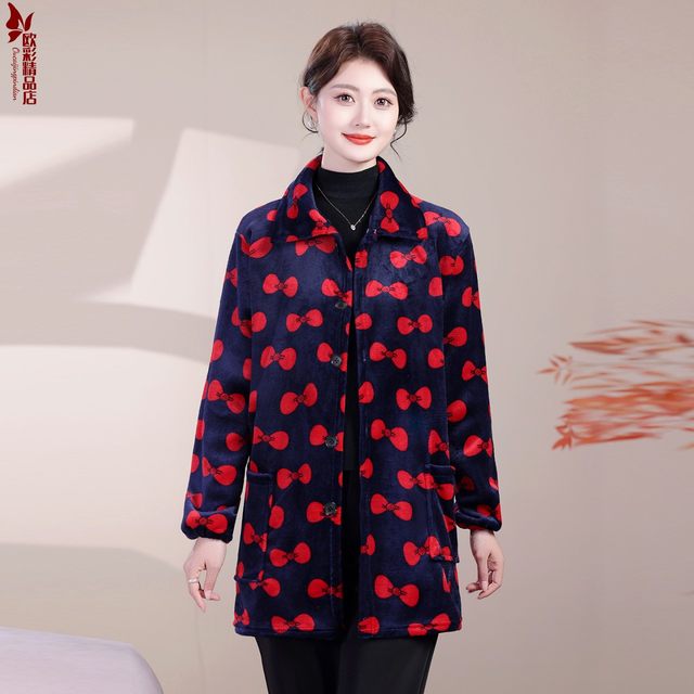 Middle-aged and elderly women's autumn and winter clothing, plus size flannel smock, mother's clothing, velvet warm home coat, work clothes