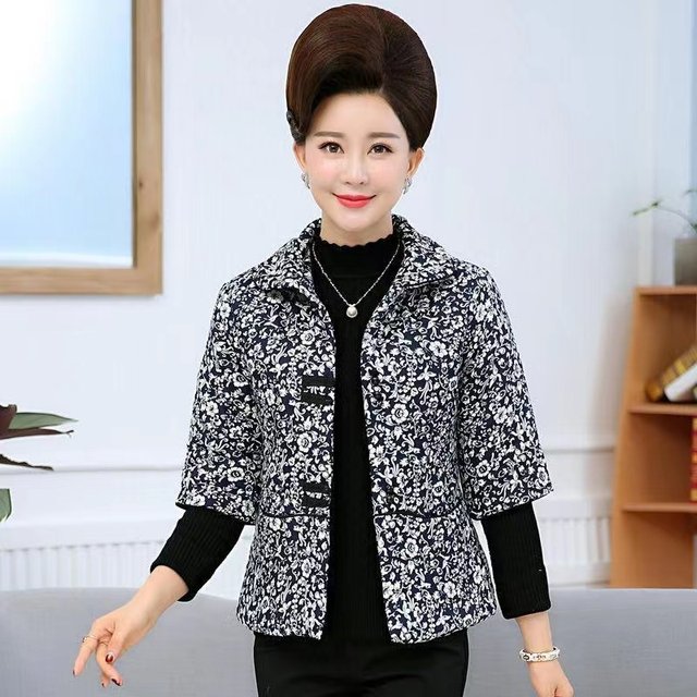 Mom wear spring and autumn middle sleeve cotton coat short style for women 40 years old 50 middle-aged national style thin floral cotton jacket Tang suit