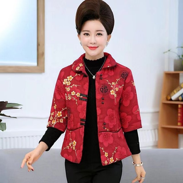 Mom wear spring and autumn middle sleeve cotton coat short style for women 40 years old 50 middle-aged national style thin floral cotton jacket Tang suit