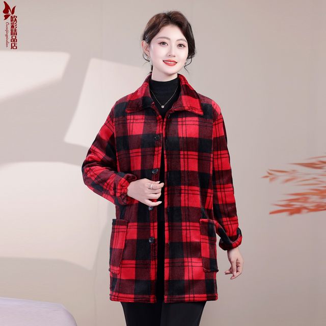 Middle-aged and elderly women's autumn and winter clothing, plus size flannel smock, mother's clothing, velvet warm home coat, work clothes