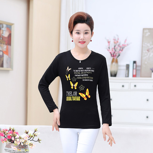 Middle -aged and elderly long -sleeved female mothers style spring and autumn clothes, ocean t -shirts Modal cotton loose large size shirt winter bottom shirt
