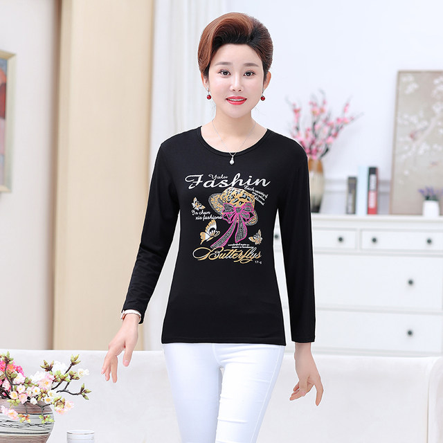 Middle -aged and elderly long -sleeved female mothers style spring and autumn clothes, ocean t -shirts Modal cotton loose large size shirt winter bottom shirt
