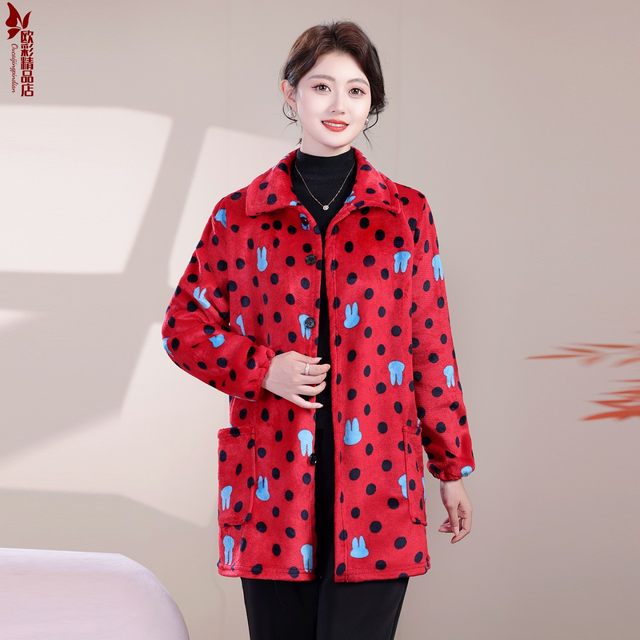 Middle-aged and elderly women's autumn and winter clothing, plus size flannel smock, mother's clothing, velvet warm home coat, work clothes